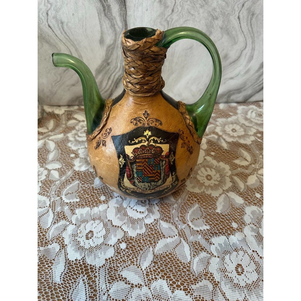 Vintage Italian Green Glass Wrapped Decanter Wine Bottle Crest